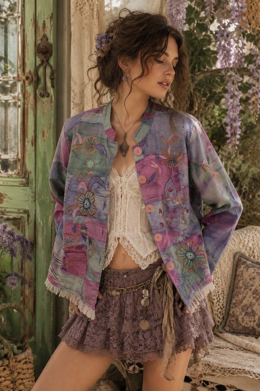 Christopher & Banks Embroidered Watercolor Jacket Boho Whimsigoth Festival L